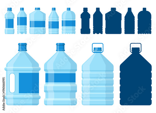 Assortment of plastic water bottles and refillable jugs in various sizes.