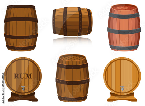 Selection of wooden barrels with metal hoops for liquid storage or aging.