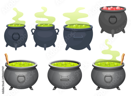 Collection of cartoon cauldrons with spooky potions and smoking concoctions.