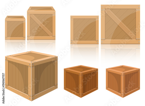 Wooden Boxes: Cartoon Illustration of Various Sizes & Styles for Shipping