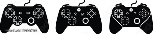 A set of three black and white flat vector illustrations representing different game controllers