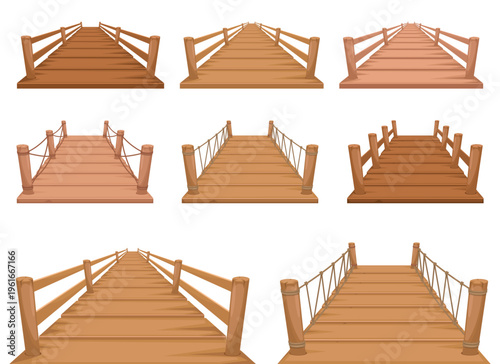Various wooden bridges featuring different barrier styles in a tiled layout.