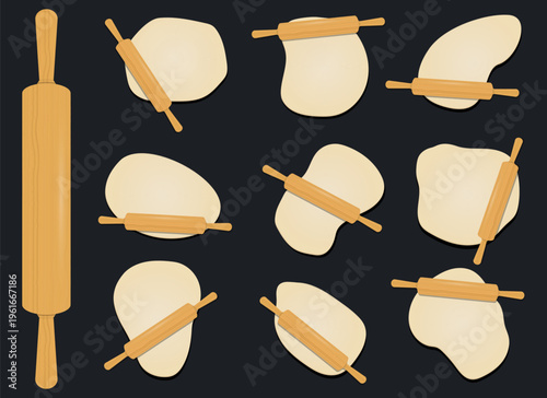 Rolling pin and dough: stages of rolling out dough, set against a dark background