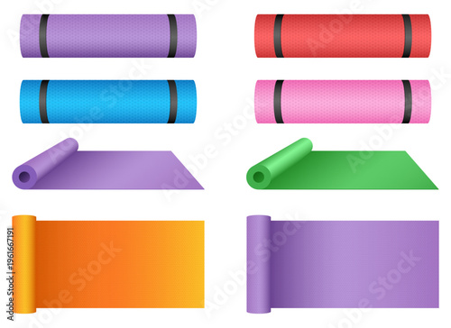 Collection of colorful yoga mats in rolled and unrolled positions.