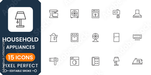 Household appliance icon collection with kitchen tools, cleaning devices and home electronics symbols modern minimal vector design