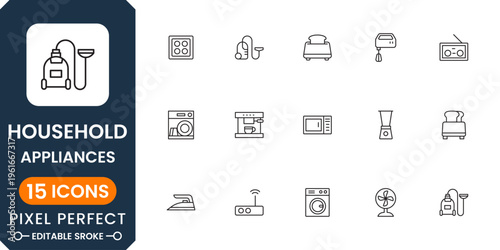 Household appliance icon collection with kitchen tools, cleaning devices and home electronics symbols modern minimal vector design