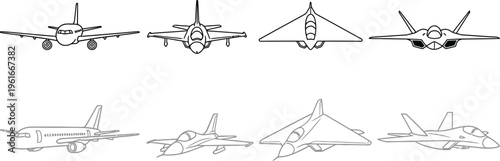 A collection of black and white line drawings showing various types of military and civil aircraft