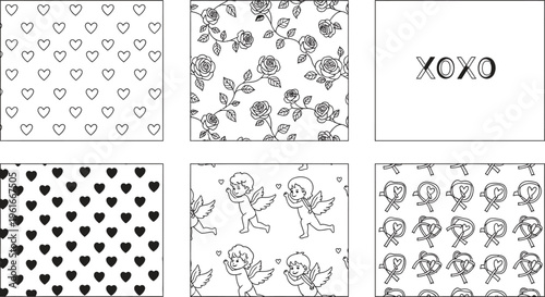 Set of romantic black and white seamless patterns and designs including hearts roses Cupids and XOXO ideal for Valentines Day weddings and digital paper