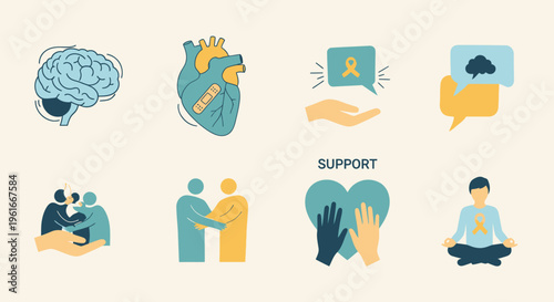 Mental Health Awareness Icons: Brain, Heart, Support, Empathy, Care, Hope