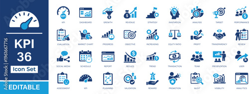 Key Performance Indicator 36 Fill Icon Set. Business, analytics, performance, growth, revenue, strategy, dashboard, reporting, target, profit, teamwork and financial metrics vector icons. UI, UX, app.