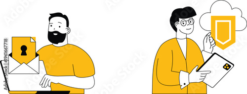 Two individuals exploring secure email and cloud-based solutions for modern digital communication and data protection