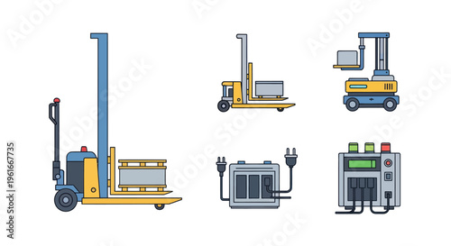 Set of Flat Design Forklifts and Warehouse Equipment Icons