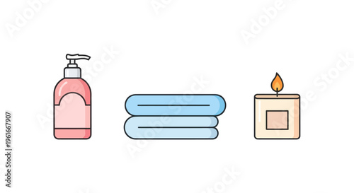 Bathroom spa essentials: lotion dispenser, folded towels, and scented candle with flame