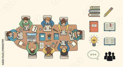 Diverse group of people in a meeting, studying together around a table with books and laptop