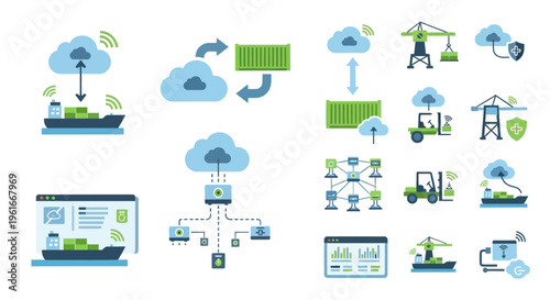 Smart Logistics Icons: Cloud, Shipping, Container, Crane, Forklift, Network