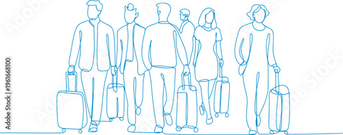 Travelers walking with suitcases airport continuous line minimalist design, flat vector