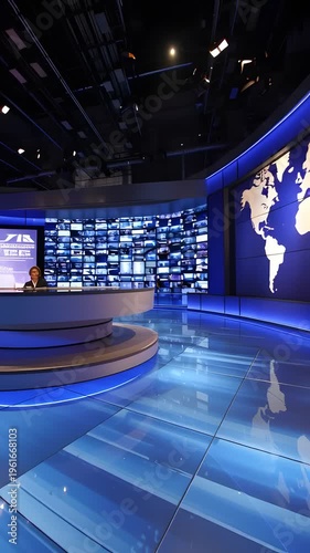 Modern tv news studio with blue lighting effects. Ideal for news media publications, blogs, and presentations. Modern television news studio with blue lighting effects.