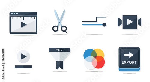 Video Editing Icons: Play, Scissors, Timeline, Split, Filter, Color, Export