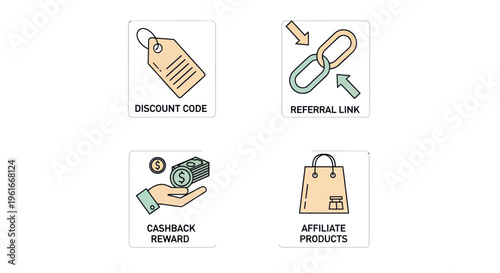 Affiliate Marketing Icons: Discount, Referral, Cashback, Products - Vector Set