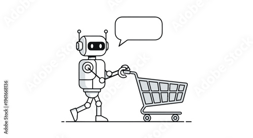 Robot Pushing Shopping Cart with Speech Bubble Vector Illustration