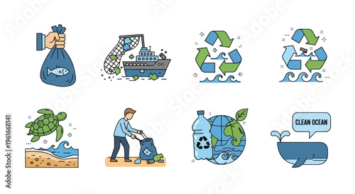 Ocean Pollution Icons: Plastic Waste, Recycling, Fishing, Cleanup, Marine Life