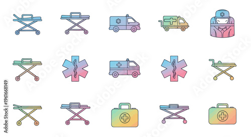 Medical Icons: Ambulance, Stretcher, First Aid Kit & Hazmat Suit - Rainbow Gradient
