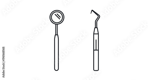 Dental mirror and explorer tools, line art illustration on white background