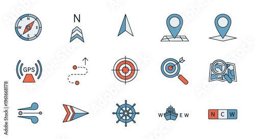 Navigation Icons Collection: Compass, GPS, Map Pin, Target, Steering Wheel, Ship