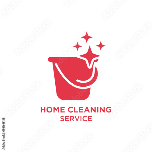 Red bucket home cleaning service logo with bright sparkles for professional housekeeping and hygiene.