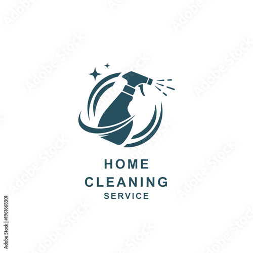 Dark blue spray bottle spraying liquid, cleaning service logo, hygiene, sparkle, fresh, domestic, house care, professional, modern icon.