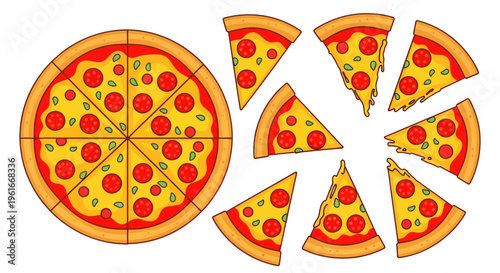 Whole Pepperoni Pizza Sliced into Triangles with Melted Cheese and Basil