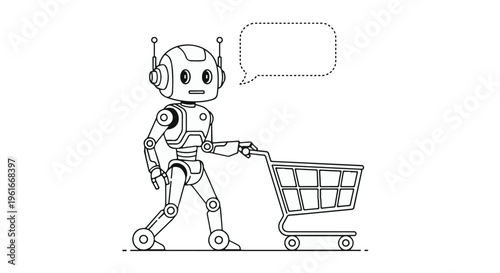 Cute Robot Character Pushing Shopping Cart with Speech Bubble Vector Illustration