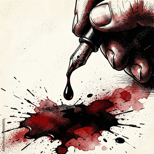 A hand holding a fountain pen that is releasing a large dripping oil stain and liquid ink splatters copy