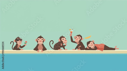 illustration of five monkey activities in summer 