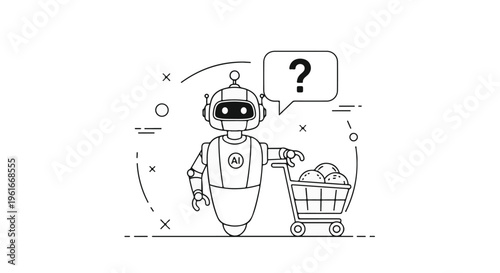AI Robot with Shopping Cart and Question Mark Vector Illustration