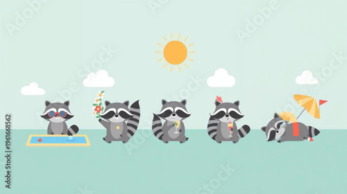 illustration of five raccoon activities in summer 