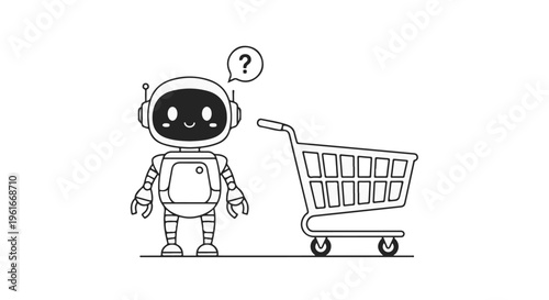 Cute Robot with Question Mark Next to Empty Shopping Cart Vector Illustration