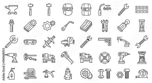 Collection of black and white line art depicting various metalworking tools