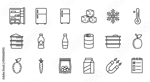 Minimalist line art depicting refrigeration food storage and related items