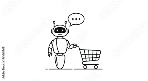 Black and White Outline Robot with Shopping Cart Vector Illustration