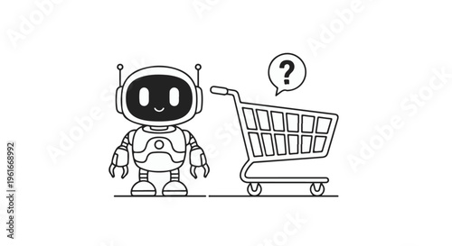 Cute Robot Character with Shopping Cart and Question Mark Vector Illustration
