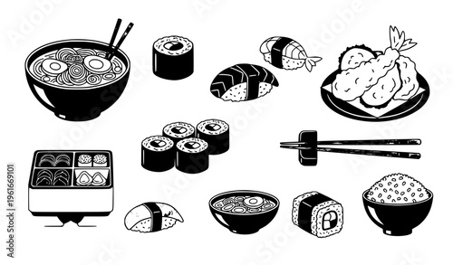 Japanese Food Cuisine Vector Illustration Set – Sushi, Ramen, Bento Collection