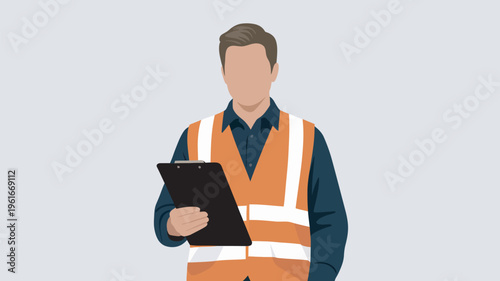 A construction worker in an orange safety vest holding a clipboard on a building site