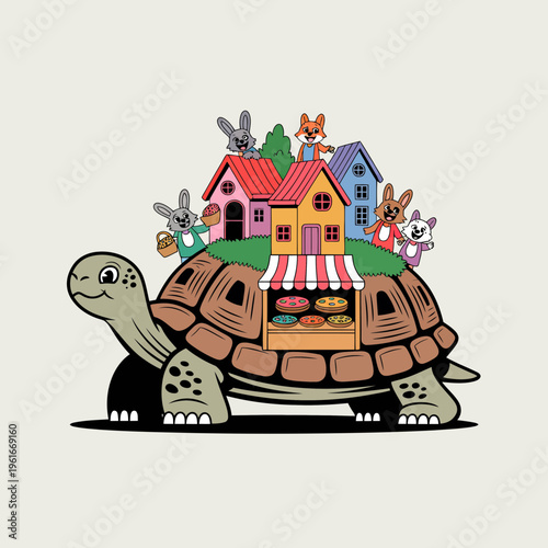 Cute cartoon turtle carrying a miniature village with colorful houses and a bakery shop on its shell surrounded by happy anthropomorphic animals in a whimsical illustration