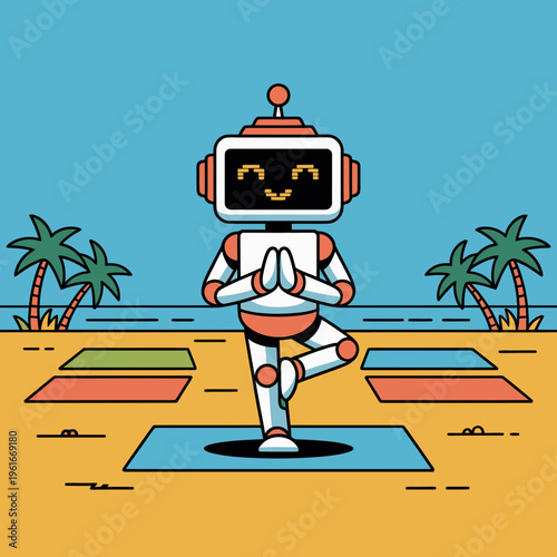 Friendly smiling robot practicing tree yoga pose on a beach mat with tropical palm trees in a flat vector illustration style for wellness technology and mindfulness concepts