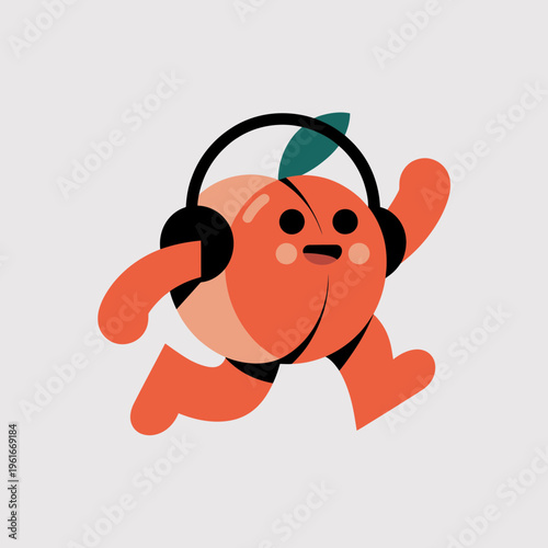 Cute cartoon peach character wearing headphones running happily in a flat vector illustration style with vibrant orange colors and minimalist design for playful branding