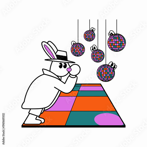 Stylish rabbit in a fedora hat dancing on a colorful checkered disco floor under multiple hanging glittering disco balls in a funky seventies retro party illustration