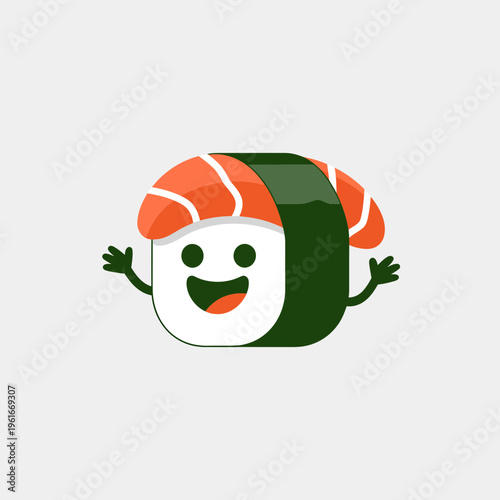 Cute happy sushi nigiri character with salmon topping and nori seaweed wrap smiling joyfully in a minimalist vector illustration style for fun asian food branding