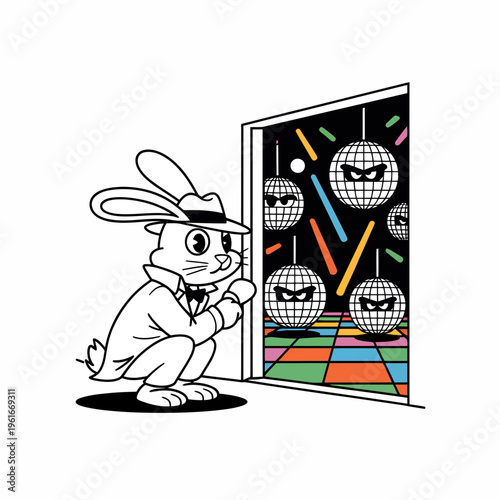 Cartoon rabbit in fedora hat peeking into a vibrant disco nightclub filled with glowing mirror balls and colorful neon lights in a stylized retro vector illustration design
