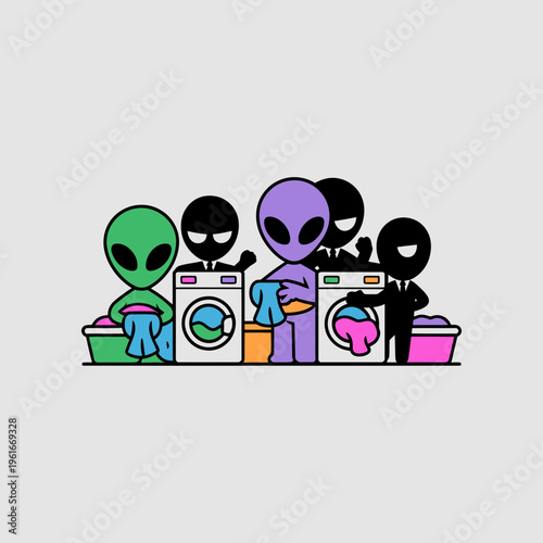 Group of colorful extraterrestrial aliens doing laundry together in a modern laundromat setting with washing machines and baskets in a whimsical flat vector illustration